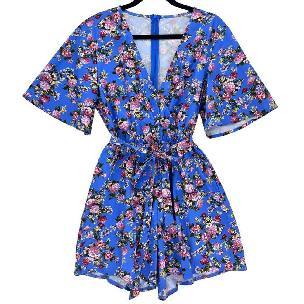 Blue Floral Romper Size L Flutter Sleeve Surplice V-Neck Boho Summer